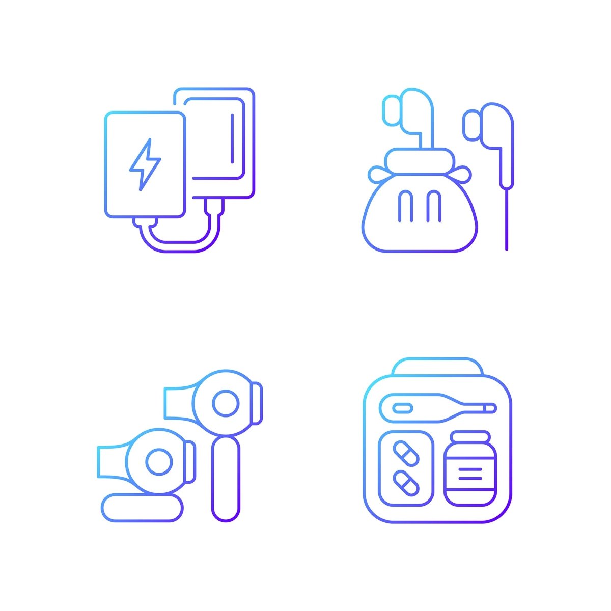 Travel size objects gradient linear vector icons set