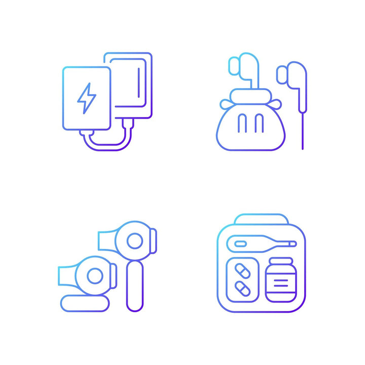 Travel size objects gradient linear vector icons set