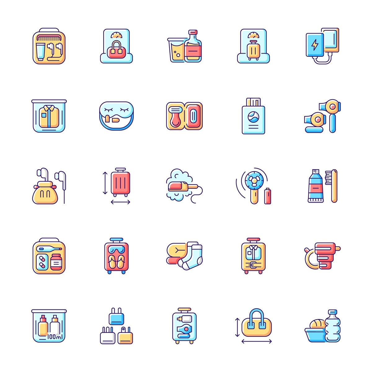 Travel size objects RGB color icons set