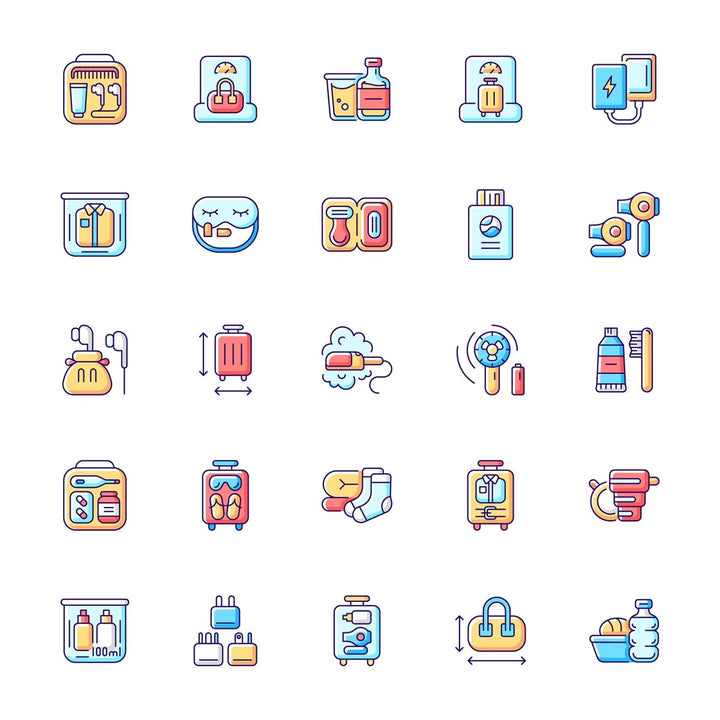 Travel size objects RGB color icons set