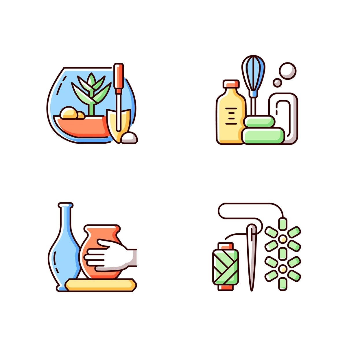 Trending hobbies RGB color icons set