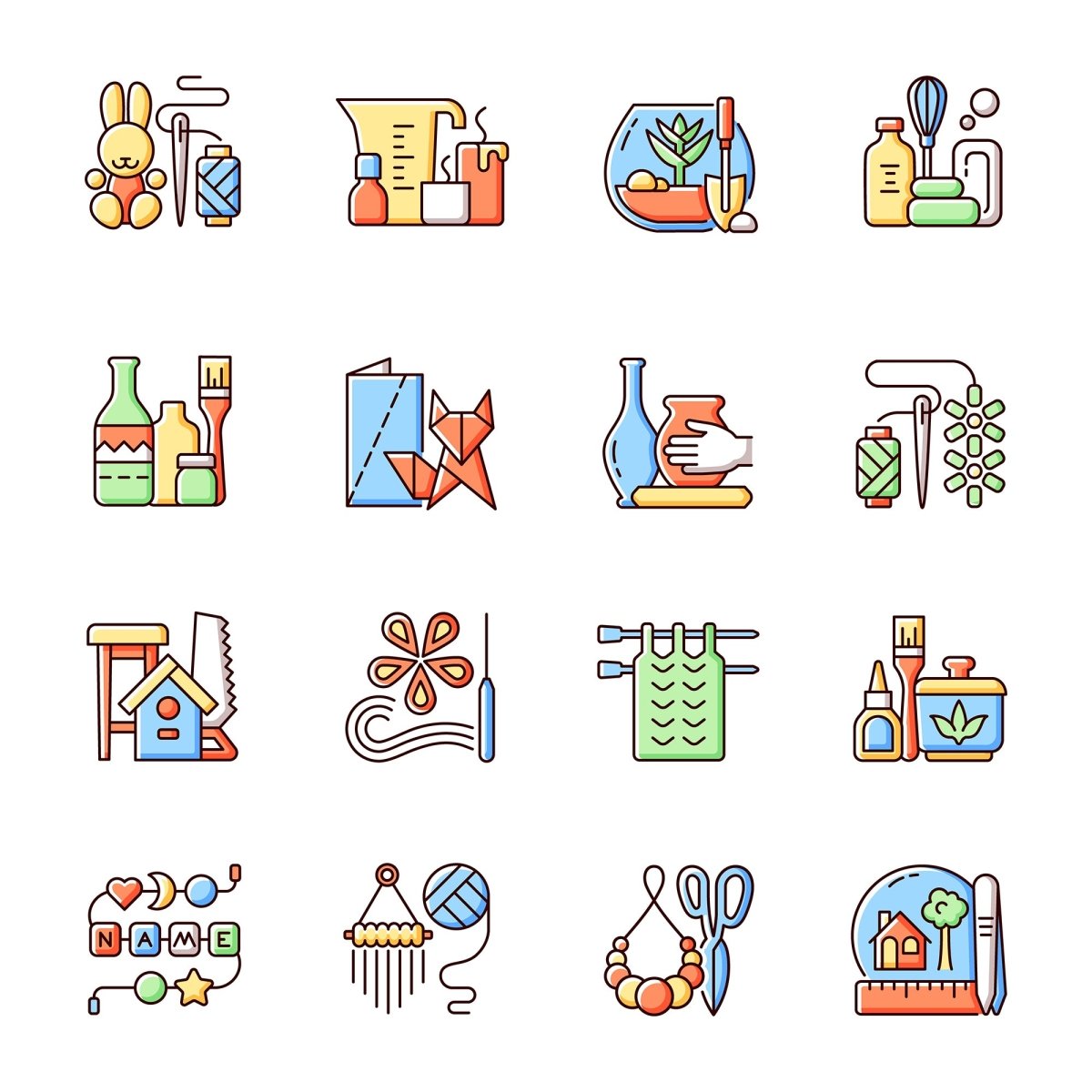 Trending hobbies RGB color icons set