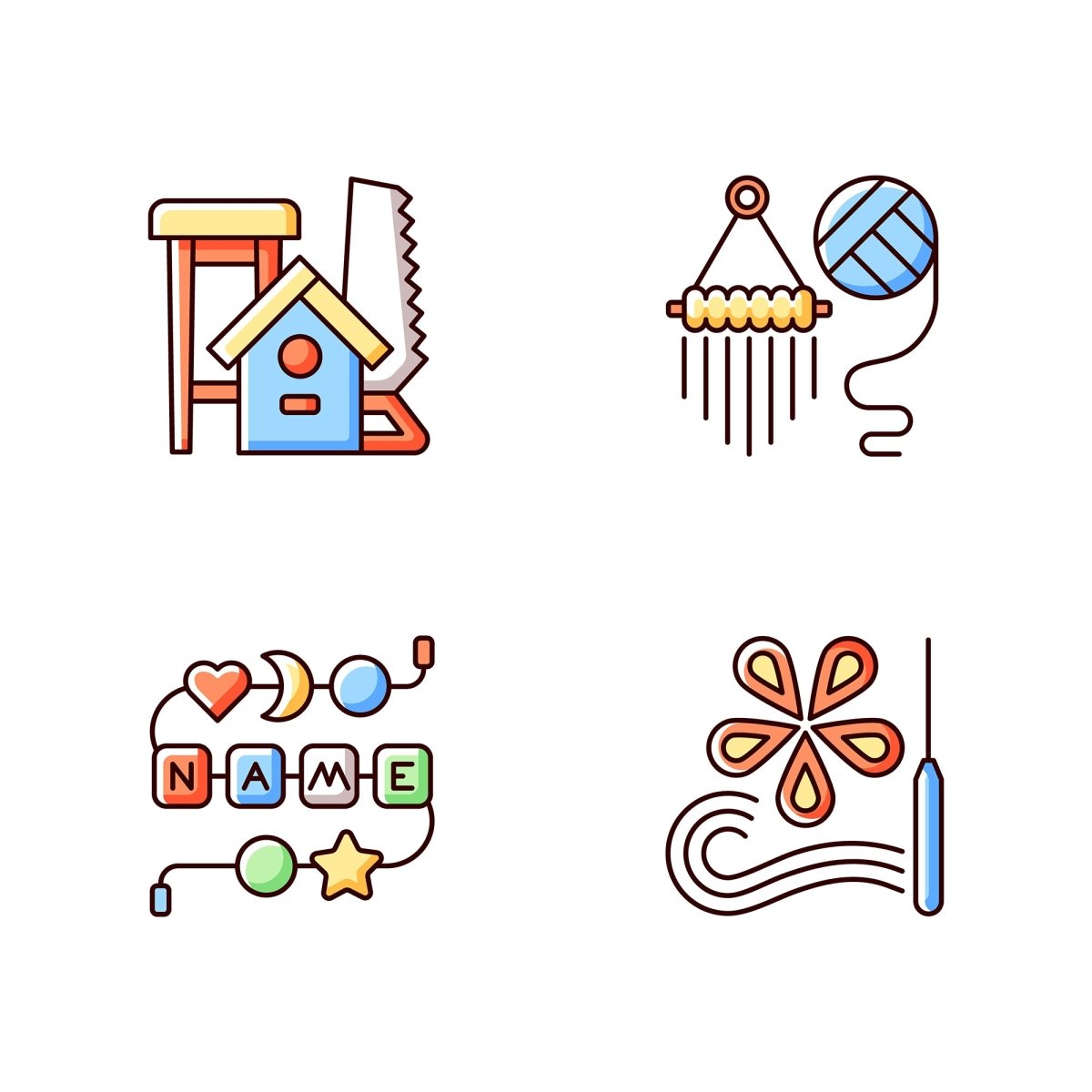 Trending hobbies RGB color icons set