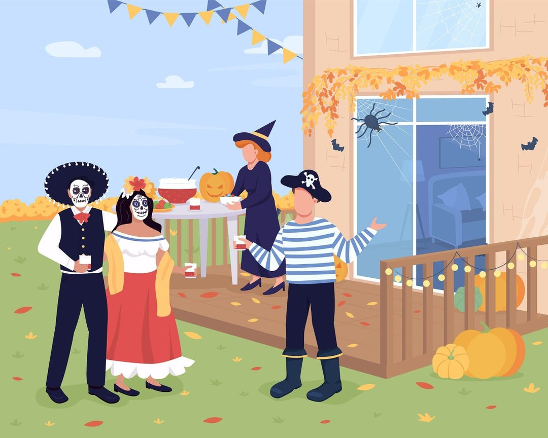 Trick or treat on Halloween flat color vector illustration set