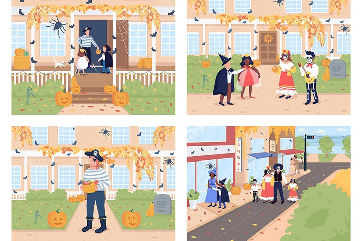 Trick or treat on Halloween flat color vector illustration set