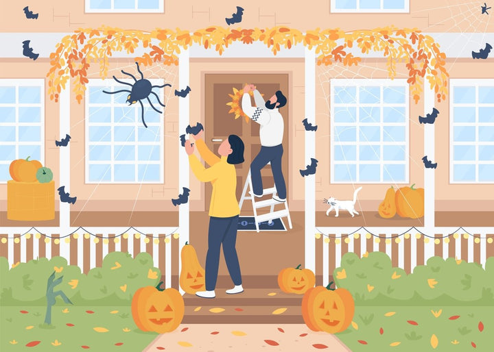 Trick or treat on Halloween flat color vector illustration set