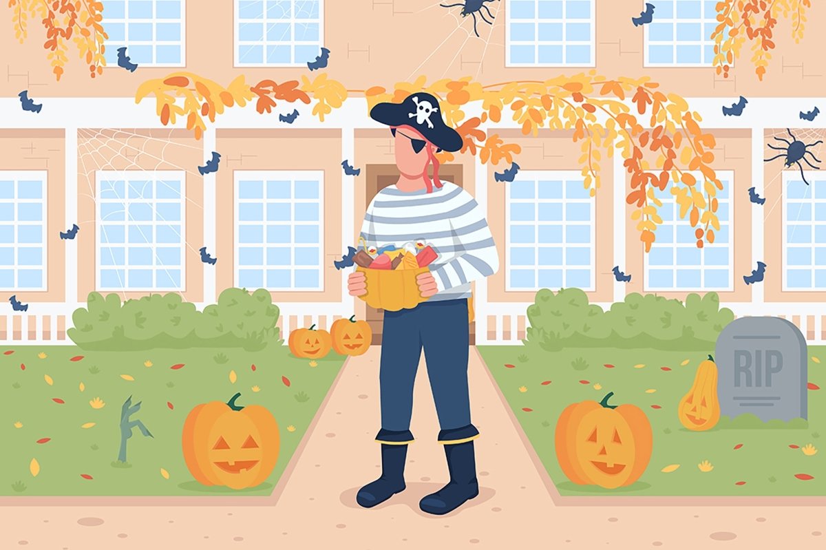 Trick or treat on Halloween flat color vector illustration set