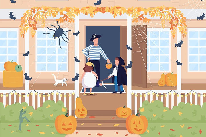 Trick or treat on Halloween flat color vector illustration set