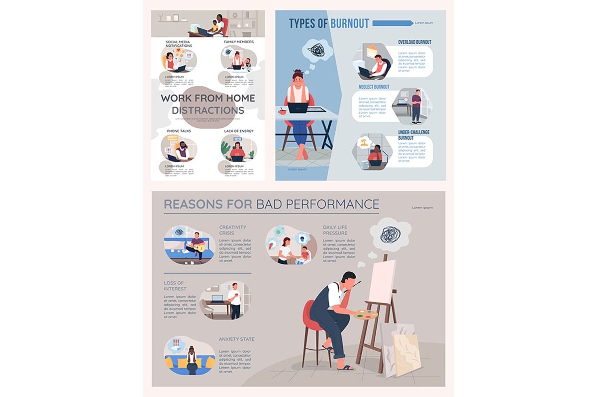 Types of burnout flat color vector infographic templates