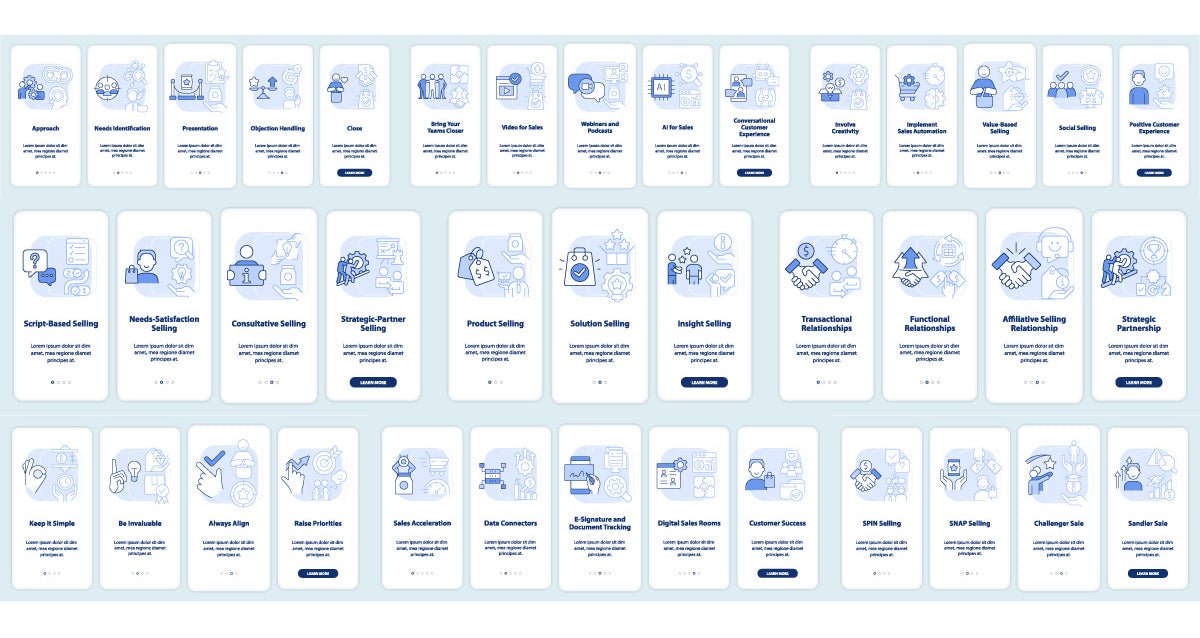 Types of sales relationships light blue onboarding mobile app screen