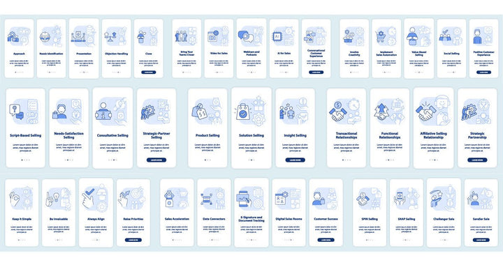 Types of sales relationships light blue onboarding mobile app screen