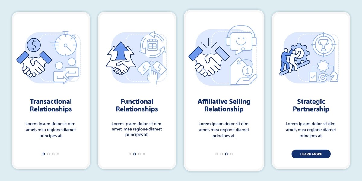 Types of sales relationships light blue onboarding mobile app screen