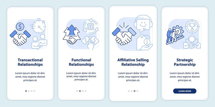 Types of sales relationships light blue onboarding mobile app screen