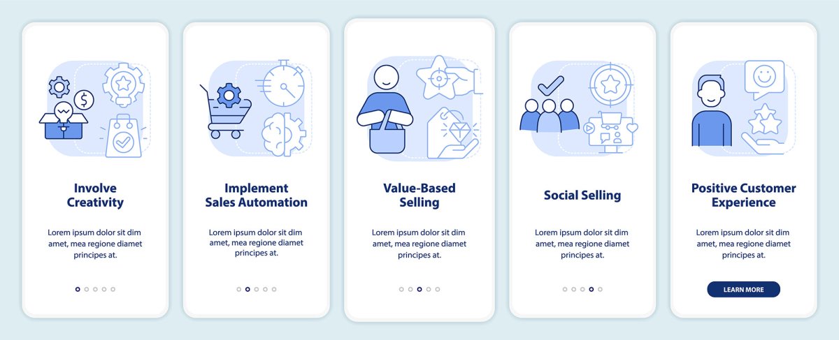 Types of sales relationships light blue onboarding mobile app screen