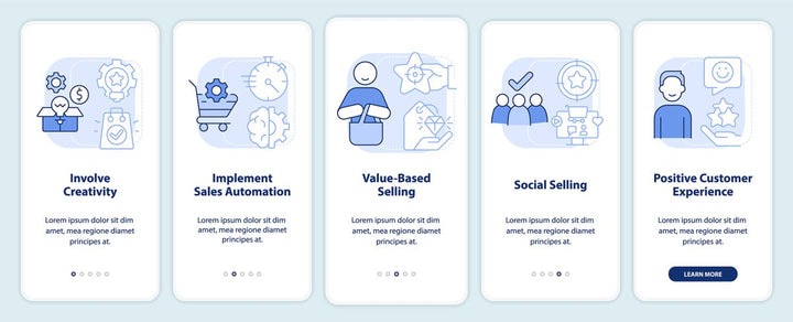 Types of sales relationships light blue onboarding mobile app screen