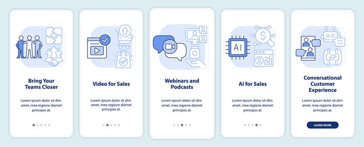 Types of sales relationships light blue onboarding mobile app screen