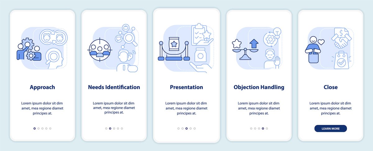 Types of sales relationships light blue onboarding mobile app screen