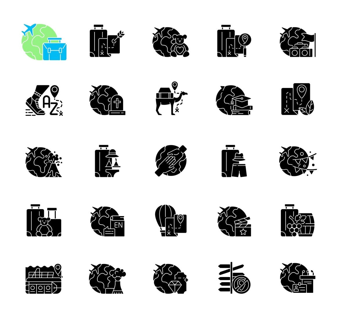 Types of travel black glyph icons set on white space