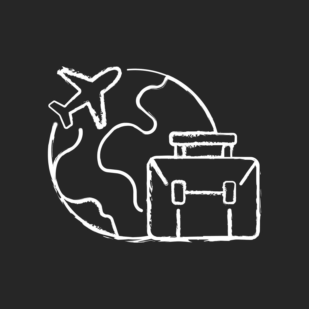 Types of travel chalk white icons set on dark background