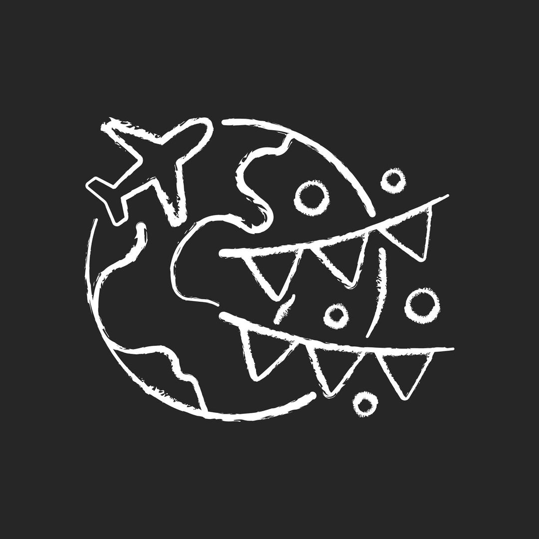 Types of travel chalk white icons set on dark background