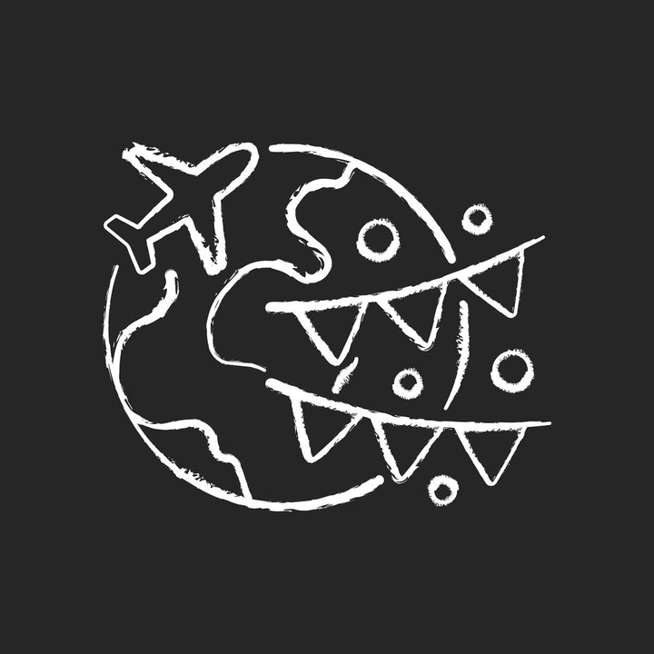 Types of travel chalk white icons set on dark background