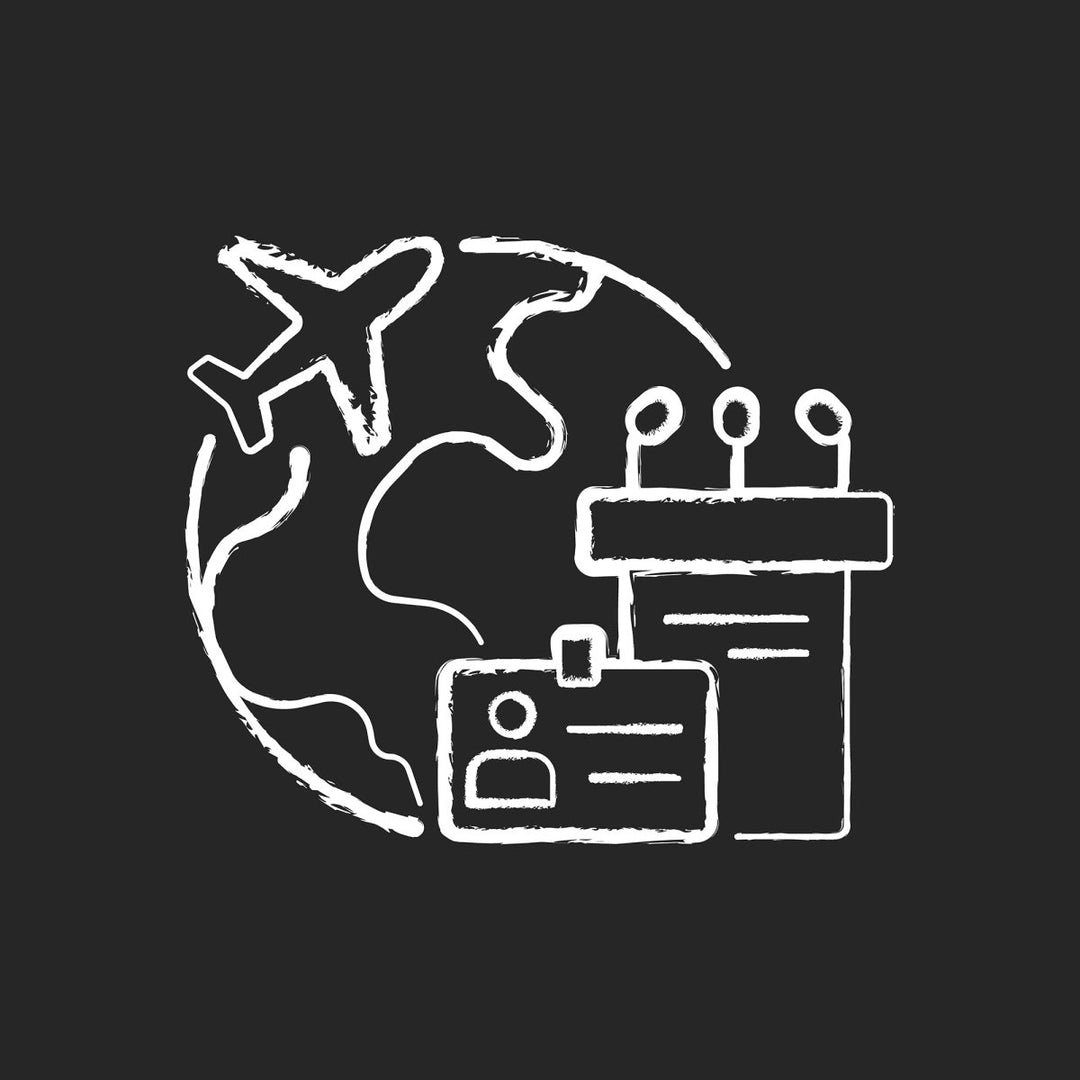 Types of travel chalk white icons set on dark background