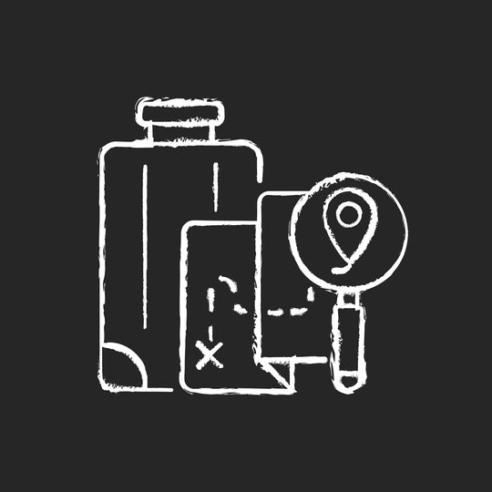 Types of travel chalk white icons set on dark background
