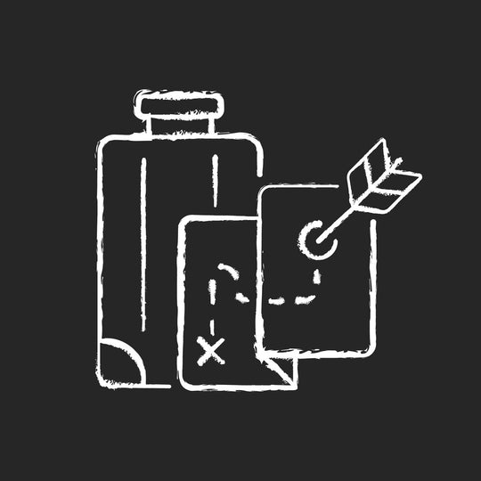 Types of travel chalk white icons set on dark background