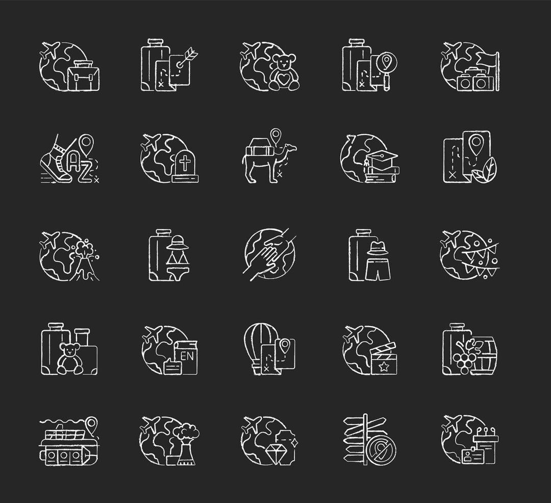 Types of travel chalk white icons set on dark background
