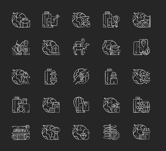 Types of travel chalk white icons set on dark background