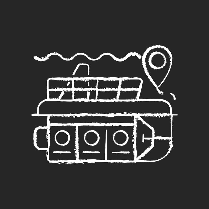 Types of travel chalk white icons set on dark background