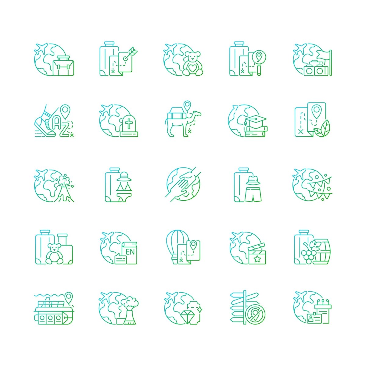 Types of travel gradient linear vector icons set