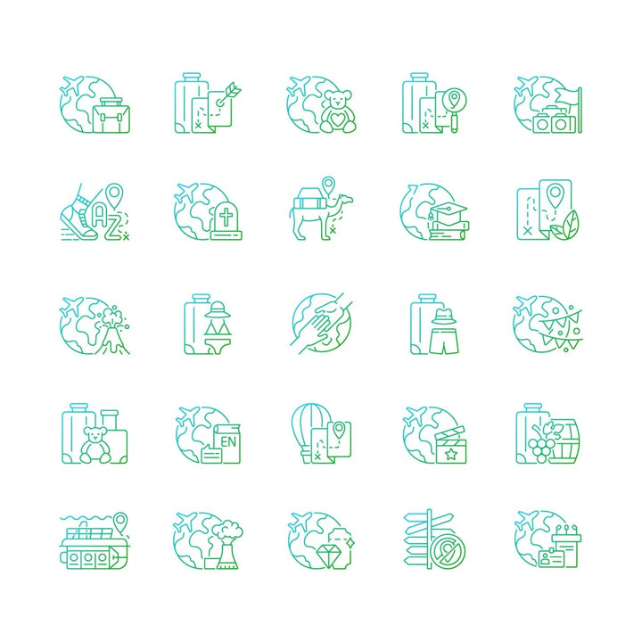 Types of travel gradient linear vector icons set