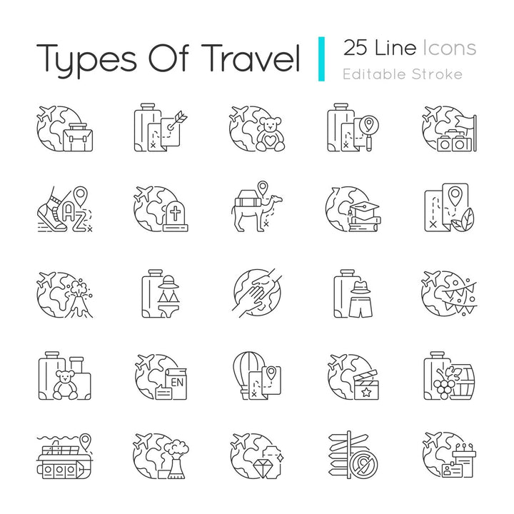 Types of travel linear icons set