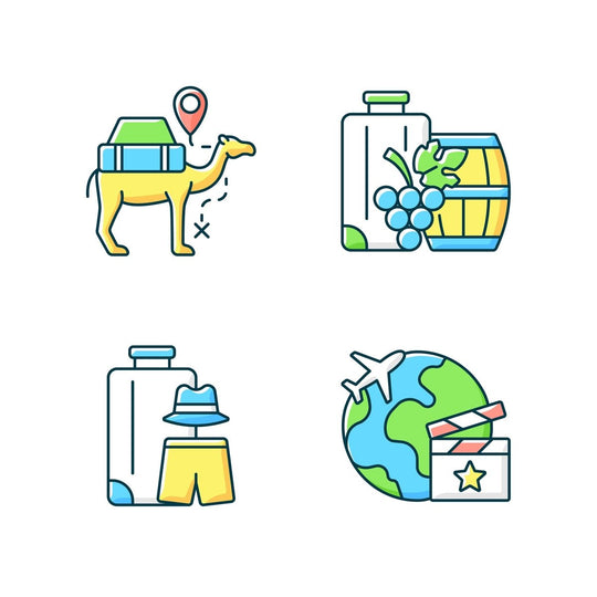 Types of travel RGB color icons set