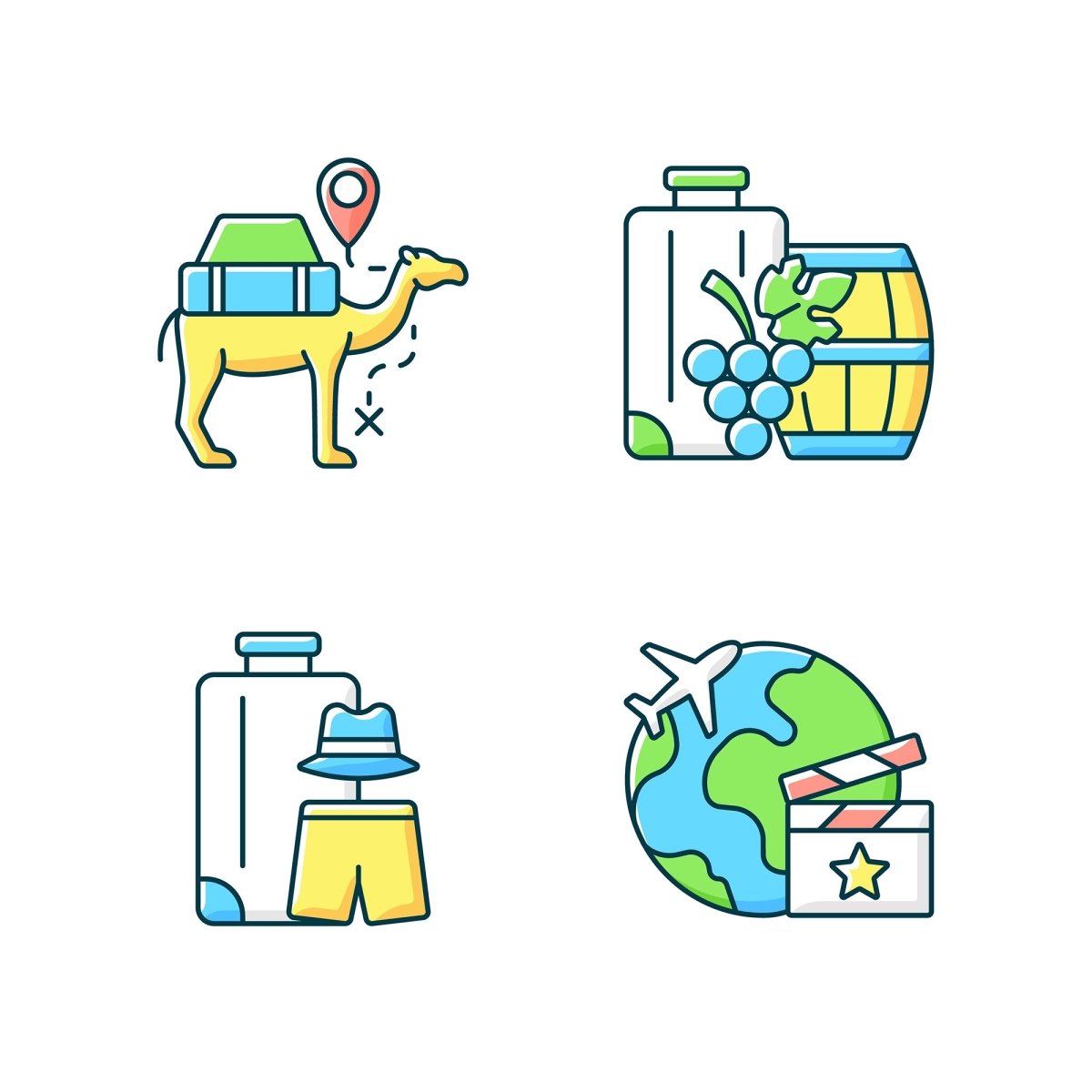 Types of travel RGB color icons set