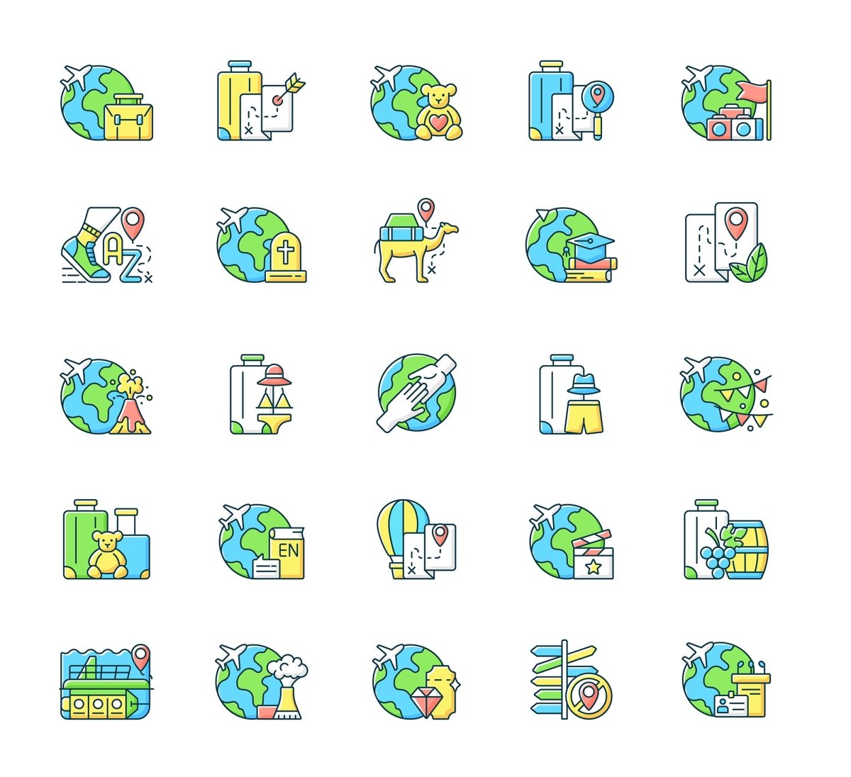 Types of travel RGB color icons set