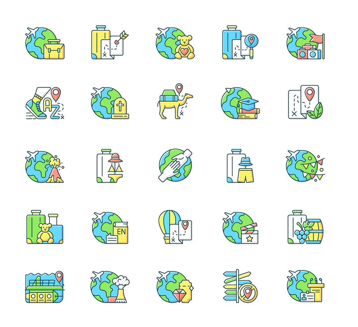 Types of travel RGB color icons set