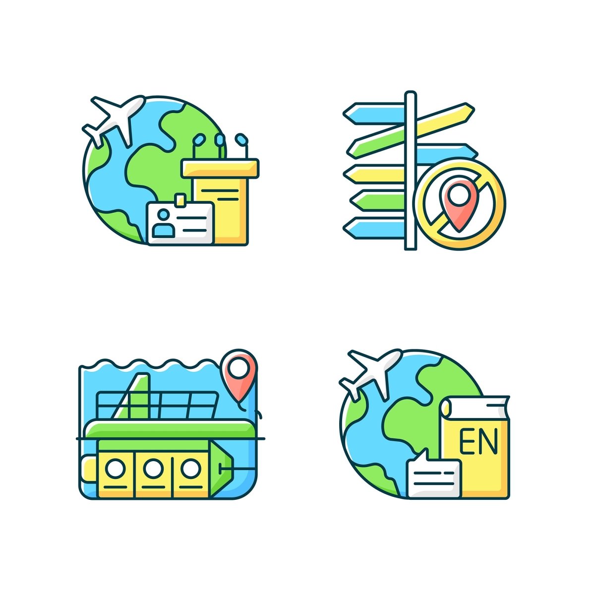 Types of travel RGB color icons set