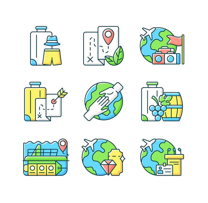Types of travel RGB color icons set