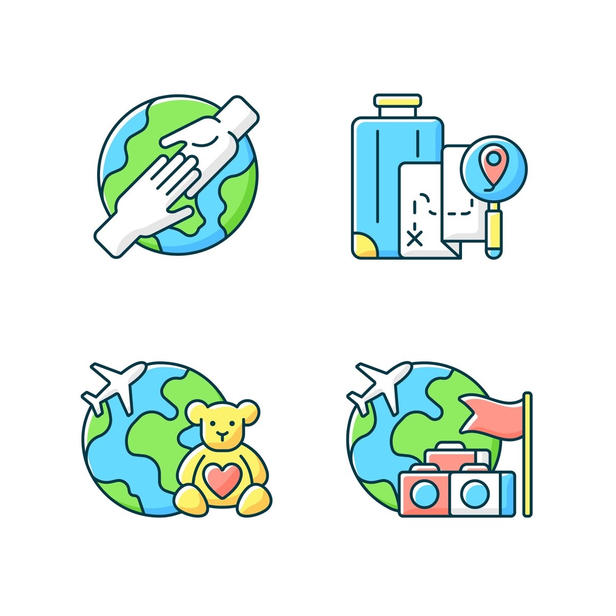 Types of travel RGB color icons set