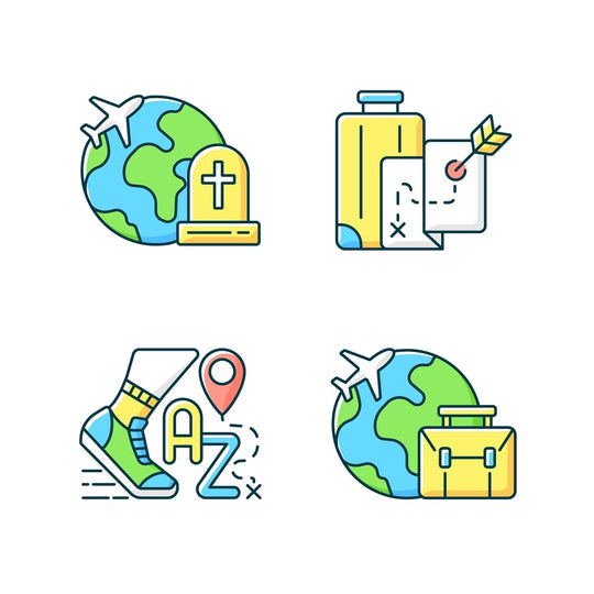 Types of travel RGB color icons set