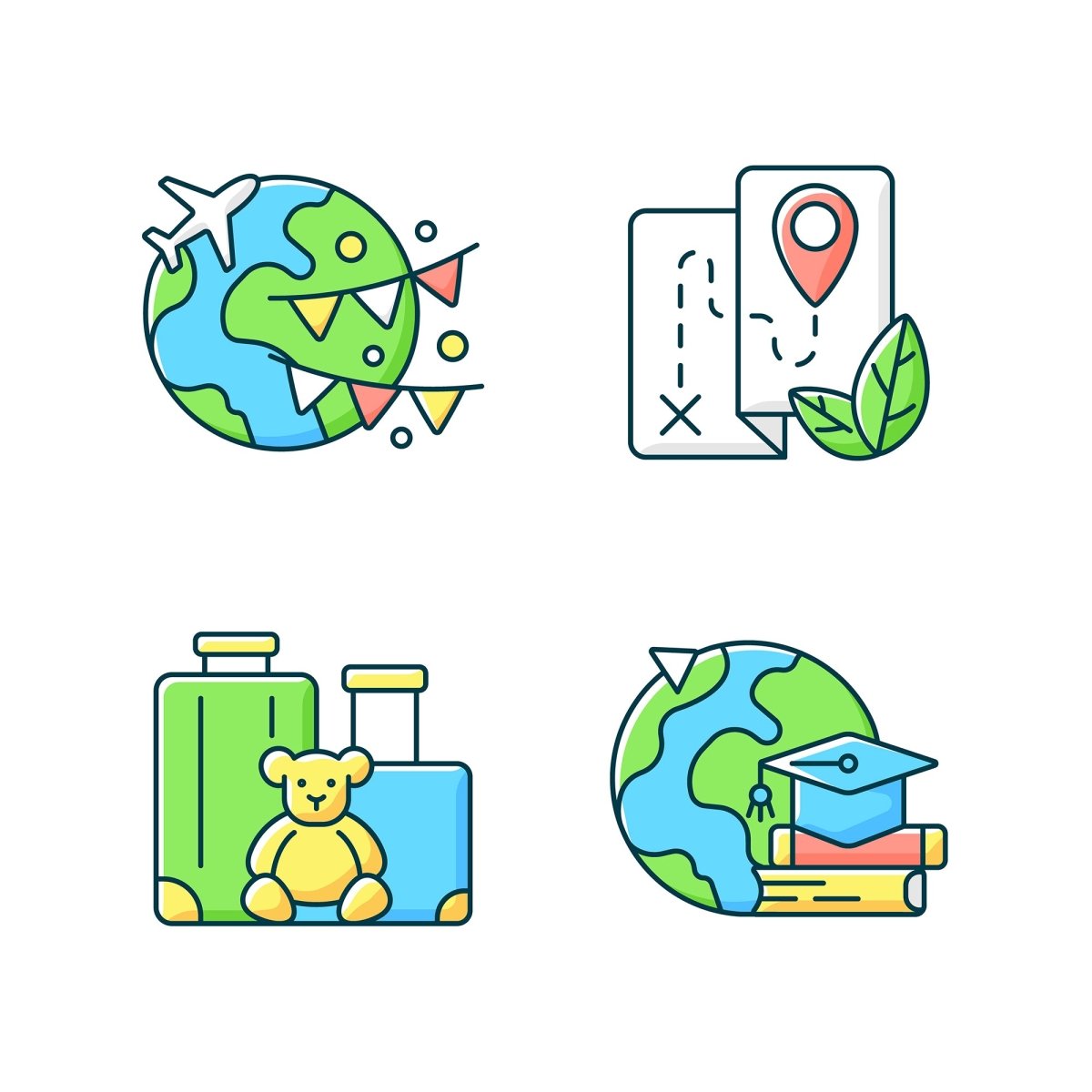 Types of travel RGB color icons set