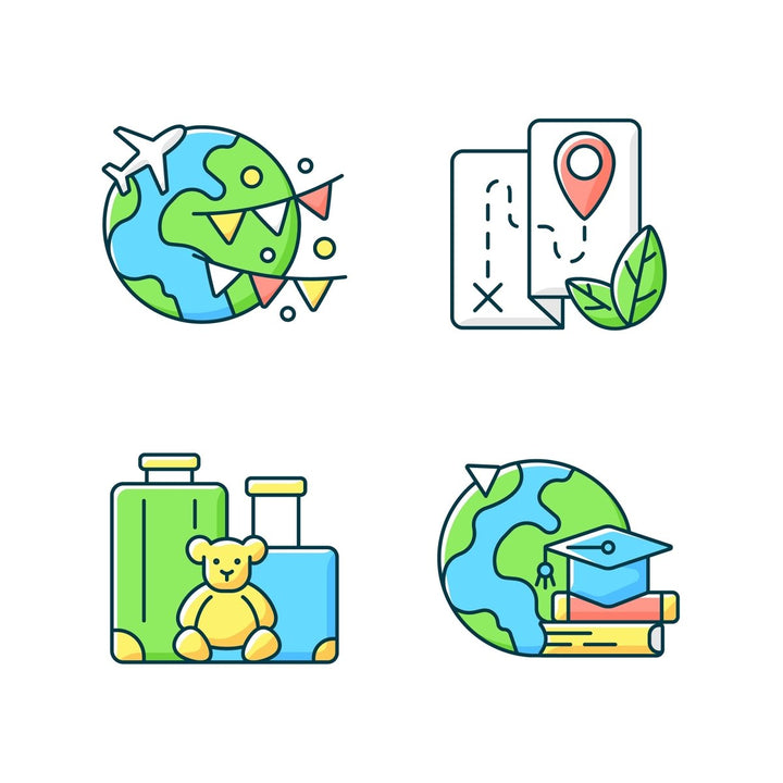 Types of travel RGB color icons set