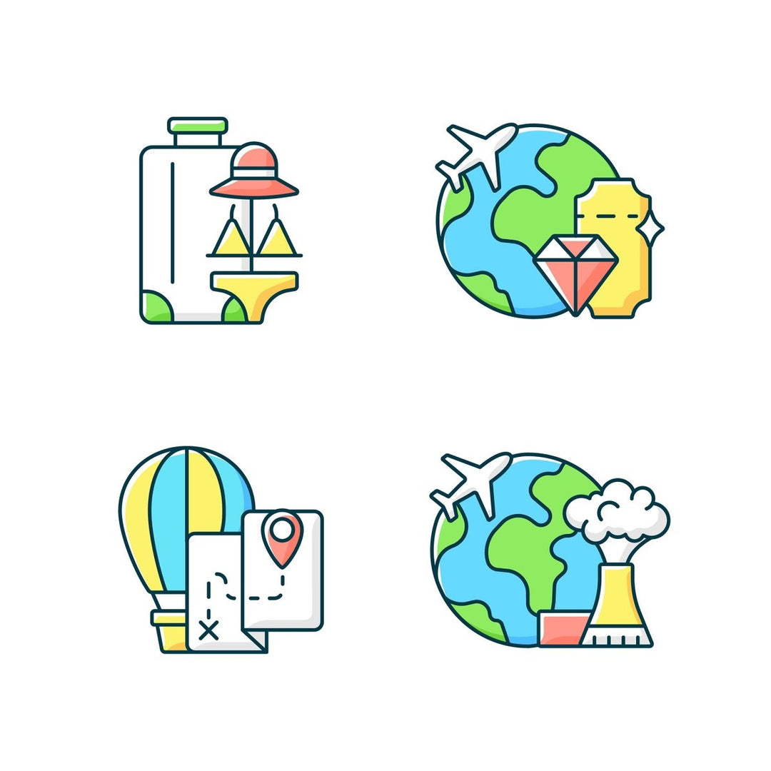 Types of travel RGB color icons set