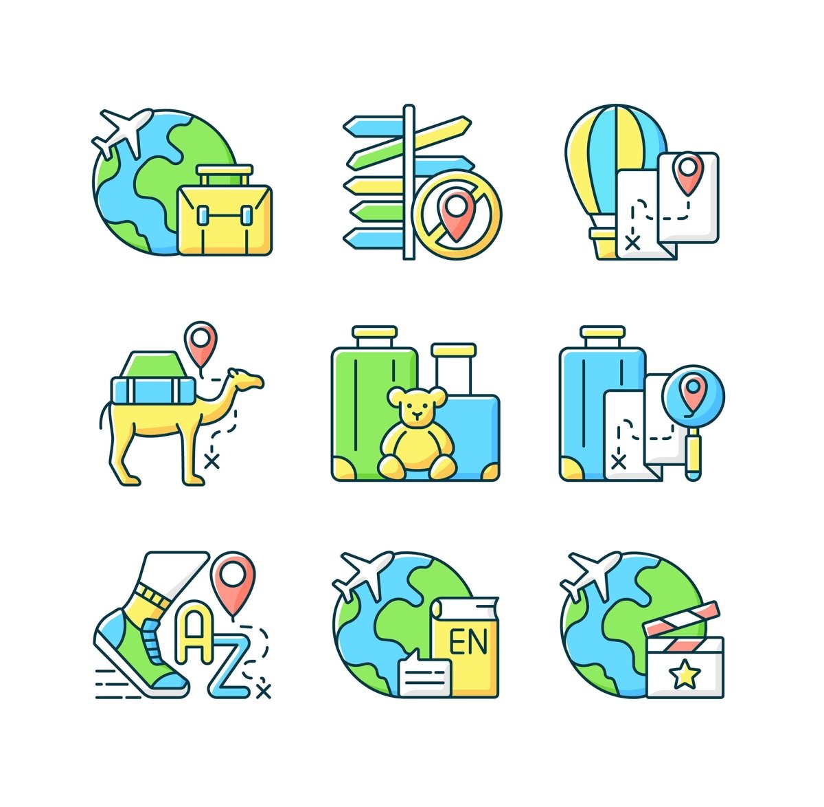 Types of travel RGB color icons set