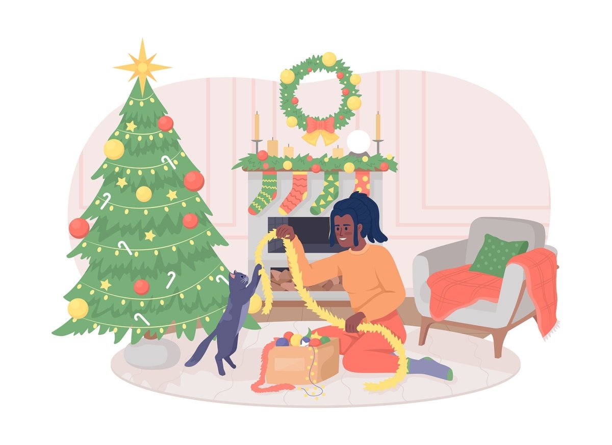 Unpacking Christmas decorations with cat 2D vector isolated illustration