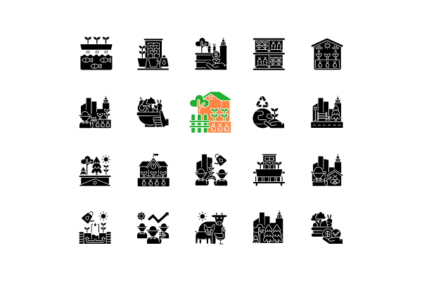Urban farming black glyph icons set on white space