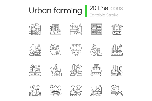 Urban farming linear icons set