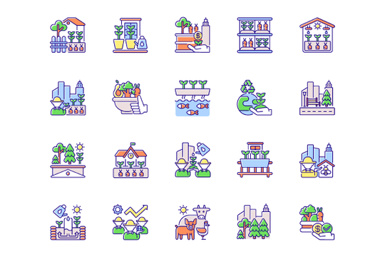 Urban farming RGB color icons set